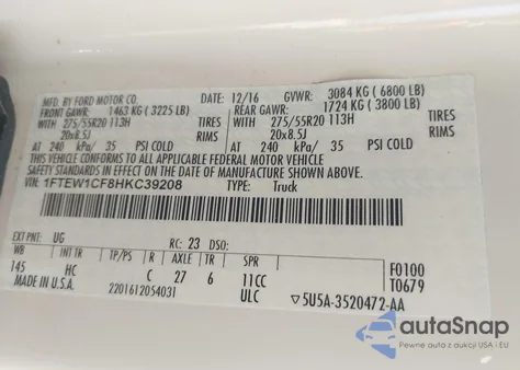 2017 Ford F-150 Lariat из США, поврежденный, VIN 1FTEW1CF8HKC39208